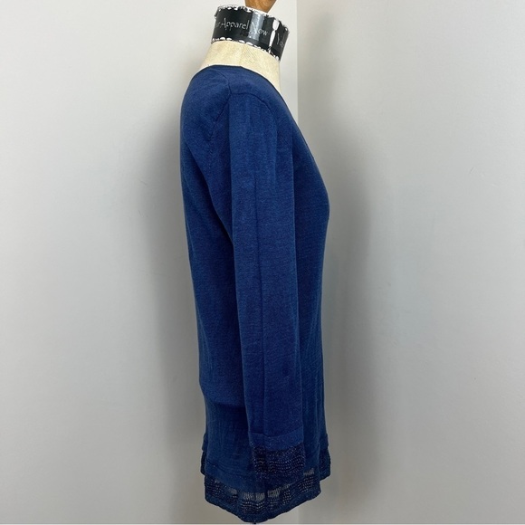 ALBERTOBINI Blue Linen Long Sleeve V Neck Top (165) - Picture 2 of 8